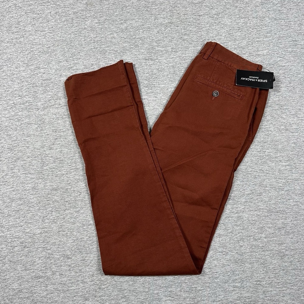 Spier & Mackay Pants Mens 30 Brown Twill Slim Cotton Linen Unhemmed Chino NEW